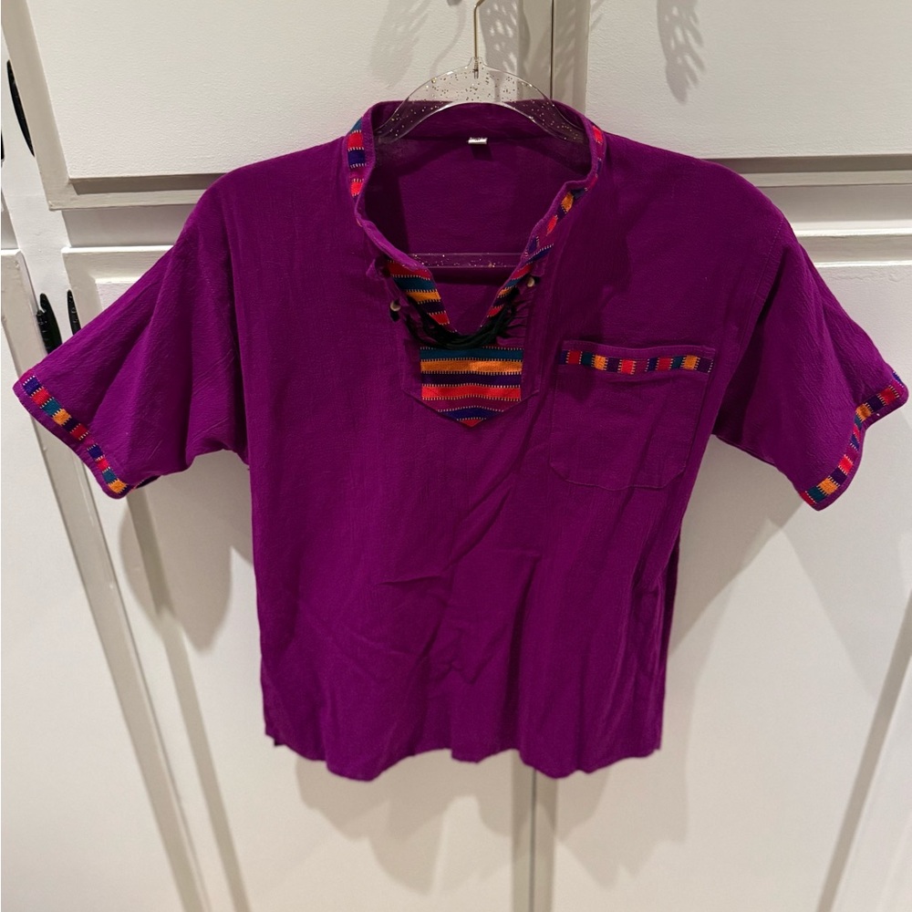 Unisex Vibrant Purple Short-Sleeve Top with Multicolor Trim